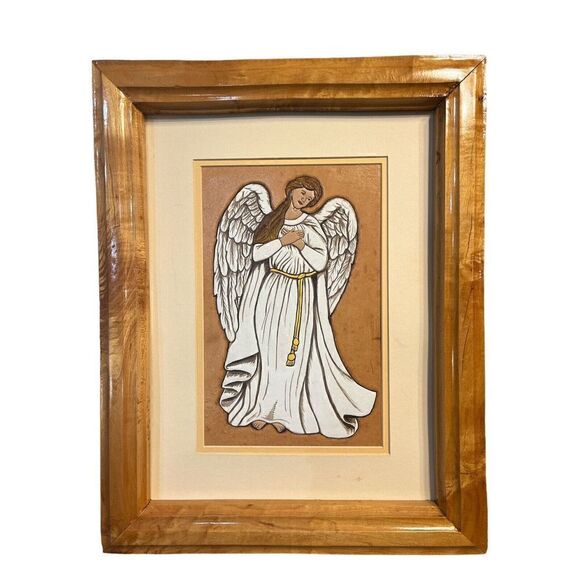 Embossed Hand Carved Leather Angel In Hand hewn Wooden Frame Art Picture 18.75” - Picture 2 of 6